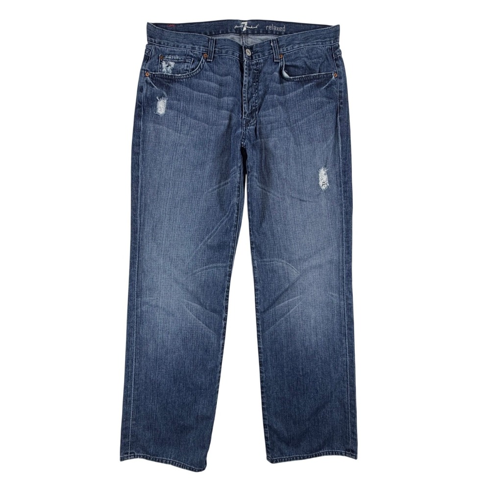 7 For All Mankind Mens 36x34 Relaxed Fit Distressed Medium Wash Jeans‎ Cotton